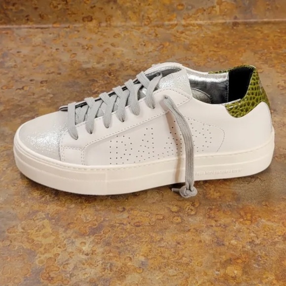 P448 Thea platform sneakers 37white Green Croc Embossed back logo $298 preowned - Picture 2 of 15